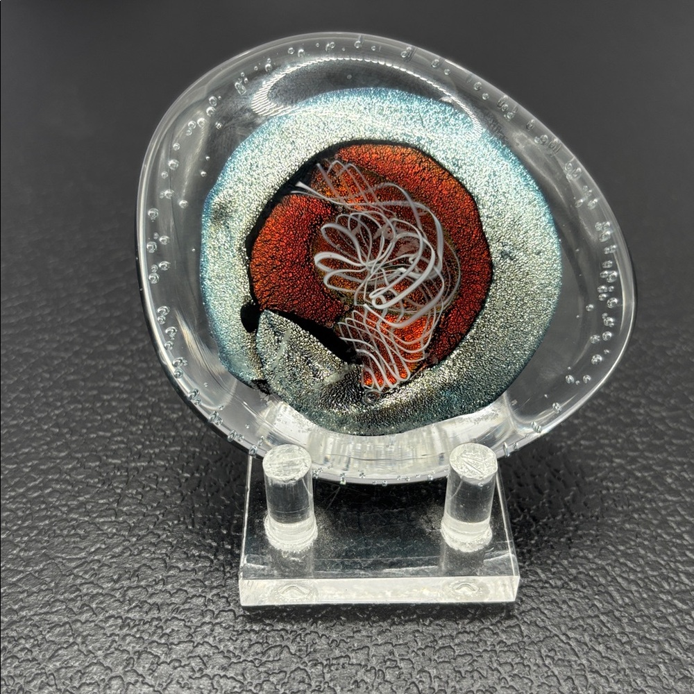 Signed R (Randy) Strong '98 Dichroic Art Glass Paperweight w/Stand